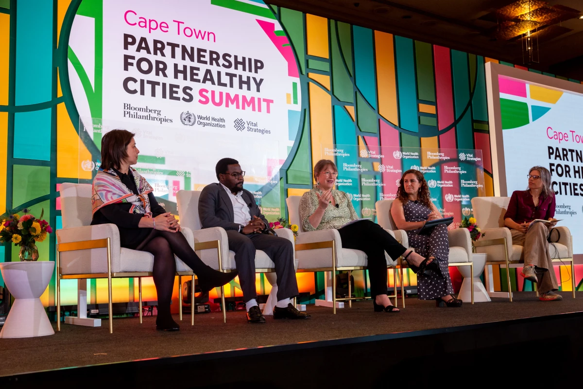 From left: Eileen de Villa (Toronto, Canada), Kachikoti Banda (Lusaka, Zambia), Vera Scott (Cape Town, South Africa) and Marysol Ruilova (Quito, Ecuador) join a panel discussion on the critical importance of health equity. The session was facilitated by Jane Battersby, University of Cape Town.