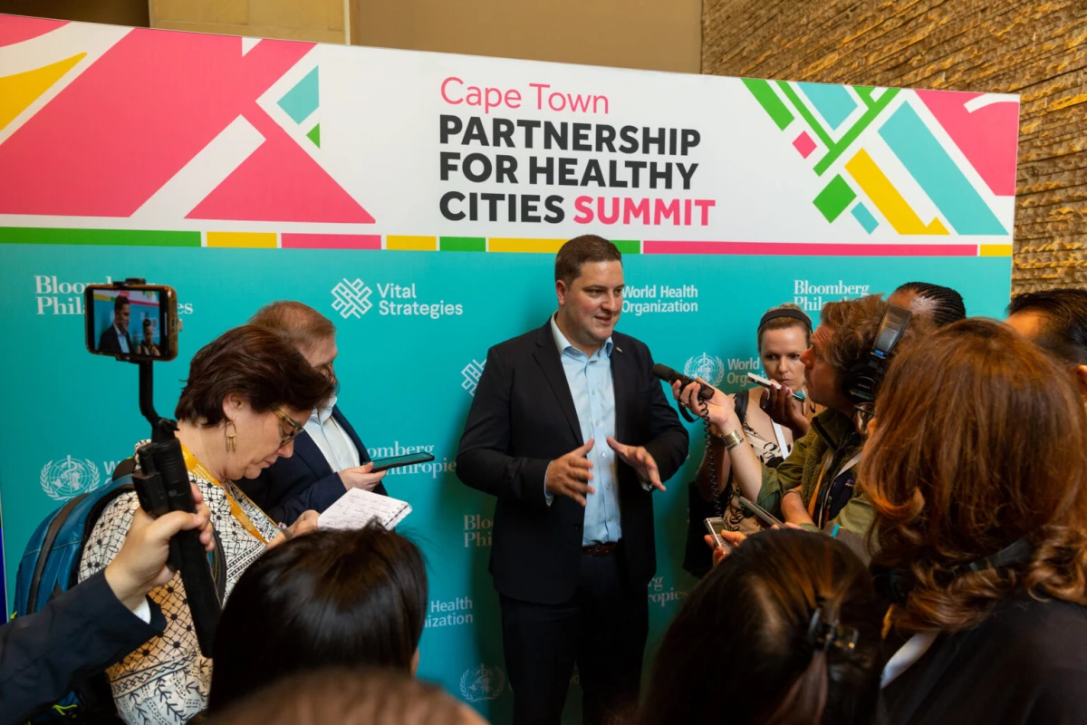 Cape Town Mayor Geordin Hill-Lewis with media. During the Summit, the city announced a new initiative to improve health equity.